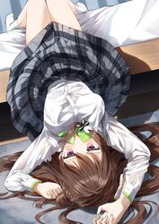  amahara_aoi bed breasts brown_hair commentary_request dress_shirt female grey_skirt hair_bun hair_spread_out highres indoors kiite_kuremasu_yo_ne_senpai knees_together_feet_apart long_hair long_sleeves looking_at_viewer medium_breasts pentagon_(railgun_ky1206) plaid plaid_skirt pleated_skirt purple_eyes shirt single_side_bun skirt socks solo upside-down white_shirt white_socks 