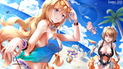  4girls adjusting_eyewear artist_name asc11 ball bare_shoulders beach beach_umbrella beachball bianka_durandal_ataegina bianka_durandal_ataegina_(valkyrie_gloria) bikini blonde_hair blue_eyes blue_nails blue_sky breasts brown_hair chibi cloud commentary_request dated day dutch_angle earrings eyewear_on_head frilled_bikini frills hair_between_eyes hair_over_one_eye highres homu_(honkai_impact) honkai_(series) honkai_impact_3rd horizon horns innertube jewelry jumping large_breasts leaning_forward lens_flare liliya_olenyeva long_hair looking_at_viewer maid_headdress midriff multicolored_hair multiple_girls nail_polish ocean open_mouth orange-tinted_eyewear outdoors palm_tree pink_hair rita_rossweisse rita_rossweisse_(phantom_iron) rozaliya_olenyeva sand_sculpture shirt single_horn sky smile sparkling_eyes starfish summer sunglasses swim_ring swimsuit tied_shirt tinted_eyewear tree twintails umbrella very_long_hair water watermark wristband 