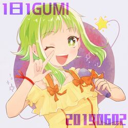  2019 \m/ alternate_costume blush bracelet character_name collarbone commentary dot_nose female fingernails floating_hair green_eyes green_hair grey_background gumi hand_up happy holding holding_microphone jewelry looking_at_viewer microphone one_eye_closed open_mouth orange_ribbon planet planetary_ring purple_background raputsue ribbon saturn_(planet) shirt short_hair short_hair_with_long_locks simple_background smile solo sparkle star_(symbol) tareme teeth upper_body upper_teeth_only very_short_hair vocaloid yellow_shirt 