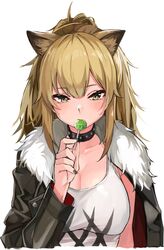  animal_ears arknights black_choker black_jacket breasts brown_hair candy choker cleavage collarbone cropped_torso female food fur_trim idashige_(walkietalkie) jacket large_breasts lion_ears lollipop long_hair long_sleeves looking_at_viewer nail_polish open_clothes open_jacket ponytail shirt siege_(arknights) simple_background sleeveless sleeveless_shirt solo tank_top upper_body white_background white_shirt yellow_eyes 