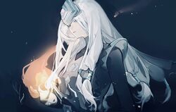  black_background chenhuijiefensi closed_mouth expressionless eyes_visible_through_hair female fire from_side glowing grey_hair highres long_hair looking_down sky:_children_of_the_light solo teth_(sky:_children_of_the_light) tied_hair upper_body white_hair 