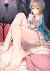  barefoot blonde_hair blush braid chinese_commentary commentary_request eine_(virtuareal) feet female goat highres legs long_hair looking_at_viewer maid maid_headdress nijisanji orange_eyes solo stuffed_animal stuffed_rabbit stuffed_toy sweat thighs toes trophy_head virtual_youtuber virtuareal xiao_ren 