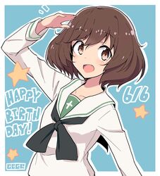  absurdres akiyama_yukari artist_name black_neckerchief blouse blue_background blush brown_eyes brown_hair cbgb collarbone commentary dated english_text female girls_und_panzer hand_up happy_birthday highres light_blush long_sleeves looking_at_viewer neckerchief notice_lines ooarai_school_uniform open_mouth outline outside_border sailor_collar salute school_uniform serafuku shirt short_hair signature smile solo star_(symbol) white_outline white_shirt 