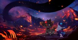  2019 akitamonster amazing_background chibi daww detailed detailed_background digital_media_(artwork) duo elnin feral mammal night outside volcano 