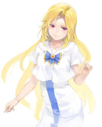  ametsuchi_akino aria_(manga) aria_company_uniform blonde_hair blouse blue_bow blue_bowtie bow bowtie commentary_request dress female floating_hair head_tilt highres kuroko_(piii) long_dress long_hair red_eyes sailor_collar shirt short_sleeves simple_background smile solo standing uniform very_long_hair white_background white_dress white_sailor_collar white_shirt 