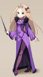  :&gt; abigail_williams_(fate) bad_id bad_pixiv_id bell_(oppore_coppore) black_bow blonde_hair blue_eyes blush bow breasts brown_background closed_mouth commentary cosplay dress fate/grand_order fate_(series) female full_body fur-trimmed_dress fur_trim hairbow headpiece high_heels highres holding holding_wand long_hair long_sleeves multiple_hair_bows orange_bow pantyhose parted_bangs polka_dot polka_dot_bow purple_dress purple_footwear purple_pantyhose scathach_(fate) scathach_skadi_(fate) scathach_skadi_(fate)_(cosplay) see-through shoes simple_background sleeves_past_wrists small_breasts smile solo standing v-shaped_eyebrows very_long_hair wand wide_sleeves 