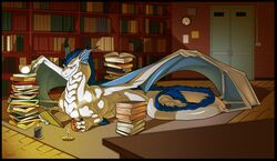  astrozerk beverage book bookshelf candle clock coffee container cup desk dragon food fur furniture library lying male mythological_creature mythological_scalie mythology reading rooth scalie table wings 