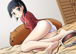  amusphere ass barefoot bed black_hair breasts capybara-san cleavage commentary_request d-ten female green_eyes hair_ornament hairclip head-mounted_display kirigaya_suguha medium_breasts on_bed panties photoshop_(medium) solo stuffed_animal stuffed_capybara stuffed_toy sword_art_online underwear watermark web_address 