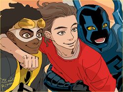  2009 3boys armor black_hair blue_beetle brown_hair dark_skin dc_comics domino_mask eddie_bloomberg gloves goggles hairlocs jacket jamie_reyes kid_devil male male_focus mask multiple_boys power_armor red_shirt ricken shirt smile static_(dc) static_shock teen_titans virgil_ovid_hawkins 