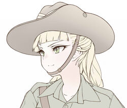  blonde_hair blunt_bangs chin_strap collarbone commentary_request dorotabou_(dieter) female girls_und_panzer green_eyes hat koala_forest_military_uniform long_hair looking_to_the_side ponytail portrait simple_background slouch_hat smile solo uniform wallaby_(girls_und_panzer) white_background 