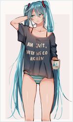  ah_shit_here_we_go_again_(meme) bad_id bad_twitter_id bare_legs beige_background black_shirt blue_eyes blue_hair clothes_writing coffee_mug collarbone commentary cup ei_flow eyes_visible_through_hair feet_out_of_frame female grand_theft_auto grand_theft_auto:_san_andreas hair_between_eyes hand_on_own_head hatsune_miku highres holding holding_cup long_hair looking_away meme mug mug_writing panties parted_lips profanity rectangle shiny_skin shirt simple_background solo standing striped_clothes striped_panties thighs twintails twitter_username underwear v-shaped_eyebrows very_long_hair vocaloid white_background white_panties 