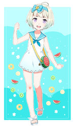  alternate_costume bare_legs blue_hair commentary_request doughnut dress female fire_emblem fire_emblem_heroes food fruit full_body gradient_hair hairband helbindi_(fire_emblem) menoko multicolored_hair open_mouth purple_eyes sandals short_dress short_hair sleeveless solo watermelon white_hair ylgr_(fire_emblem) 