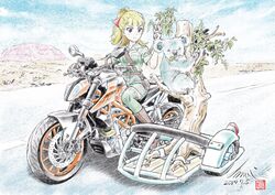  animal bag belt blonde_hair blue_eyes blue_sky blunt_bangs blush boots cloud cloudy_sky collarbone commentary_request faux_traditional_media female girls_und_panzer hand_up highres koala koala_forest_military_uniform kubota_shinji long_hair looking_at_another looking_at_viewer motor_vehicle motorcycle mountain ponytail road short_sleeves shorts sky socks thighhighs tree_stump twig wallaby_(girls_und_panzer) 