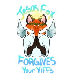  1:1 2018 alpha_channel anthro black_nose canid canine cheek_tuft closed_eyes clothing crown_of_thorns english_text facial_tuft fox fur halo hi_res jesus_christ mammal orange_body orange_fur praying religion simple_background solo text transparent_background tuft white_body white_fur wings yoko_darkpaw 