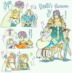  1boy 3girls blonde_hair blue_hair brother_and_sister cape closed_eyes closed_mouth commentary_request crown feather_trim fire_emblem fire_emblem_heroes fjorm_(fire_emblem) fur_trim gradient_hair gunnthra_(fire_emblem) guttary hair_ornament hand_on_another&#039;s_head hrid_(fire_emblem) innertube long_sleeves magazine_(object) multicolored_hair multiple_girls open_mouth pink_hair purple_eyes short_hair siblings simple_background sisters swim_ring sword tiara translation_request twitter_username veil weapon white_hair ylgr_(fire_emblem) 