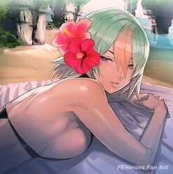  back bare_shoulders beach bikini bikini_day black_bikini blanket breasts commentary_request dark-skinned_female dark_skin female fire_emblem fire_emblem_heroes flower gradient_hair green_hair hair_between_eyes hair_flower hair_ornament laegjarn_(fire_emblem) laegjarn_(summer)_(fire_emblem) large_breasts lips looking_at_viewer lying maeshima_shigeki multicolored_hair ocean on_stomach orange_hair parted_lips red_eyes short_hair sideboob solo sunbathing swimsuit water 