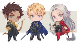  2boys arm_support axe battle_axe black_gloves blonde_hair blue_cape blue_eyes bow_(weapon) brown_hair cape chibi claude_von_riegan closed_mouth commentary cwilocky dark-skinned_male dark_skin dimitri_alexandre_blaiddyd earrings edelgard_von_hresvelg female fire_emblem fire_emblem:_three_houses garreg_mach_monastery_uniform gloves grey_hair hair_ribbon hand_on_own_hip holding holding_axe holding_bow_(weapon) holding_sword holding_weapon jewelry left-handed long_sleeves multiple_boys pantyhose parted_lips planted planted_axe polearm red_cape red_pantyhose ribbon sheath sheathed short_hair side_cape sword twitter_username uniform weapon white_gloves yellow_cape 