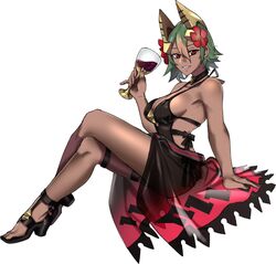  black_one-piece_swimsuit breasts commentary crossed_legs cup dark-skinned_female dark_skin drinking_glass ebinku english_commentary female fire_emblem fire_emblem_heroes flower from_side full_body gradient_hair green_hair hair_flower hair_ornament high_heels highres holding laegjarn_(fire_emblem) laegjarn_(summer)_(fire_emblem) looking_to_the_side multicolored_hair one-piece_swimsuit orange_hair parted_lips sarong short_hair sideboob simple_background solo swimsuit white_background wine_glass 