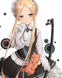  abigail_williams_(fate) abigail_williams_(festival_outfit)_(fate) bao_(s_888) black_skirt blonde_hair blue_eyes blush braid breasts commentary_request dress fate/grand_order fate_(series) female forehead french_braid highres key keyhole long_hair long_sleeves looking_at_viewer maid_headdress official_alternate_costume parted_bangs sash simple_background skirt sleeves_past_fingers sleeves_past_wrists small_breasts smile solo staff stuffed_animal stuffed_toy teddy_bear white_background white_dress 