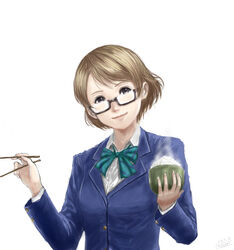  bad_id bad_pixiv_id black-framed_eyewear blazer bowl brown_hair chopsticks female food glasses holding holding_chopsticks jacket koizumi_hanayo love_live! love_live!_school_idol_project ogamiya_jin otonokizaka_school_uniform rice rice_bowl school_uniform semi-rimless_eyewear short_hair smile solo under-rim_eyewear 