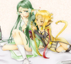  2girls :3 akino_shuu alicia_rue animal_ears blonde_hair blue_eyes blush bottle breasts cat_ears cat_girl cat_tail cleavage commentary_request dark_green_hair drunk ear_covers elf green_hair hair_tubes heart long_hair medium_breasts multiple_girls open_mouth panties pointy_ears sakuya_(sao) short_hair sitting slit_pupils small_breasts sword_art_online tail thick_eyebrows thighhighs underwear very_long_hair white_panties yellow_eyes yellow_fur yellow_tail yuri 