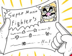  2boys double_v egg facial_hair gloves grin hard_translated letter lowres male male_focus mario mario_(series) moustache multiple_boys mushroom nintendo note photo_(object) picture pointing shit smile star super_mario_bros. translated v wario wario_land yoshi_egg 