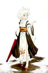  animal_ears commentary_request detached_sleeves female full_body geta highres inubashiri_momiji kokutei_n kourindou_tengu_costume leaf obi oil-paper_umbrella open_mouth photoshop_(medium) red_eyes sash short_hair snow solo tabi tail tengu-geta touhou umbrella white_legwear wolf_ears wolf_tail 