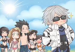  2boys 4girls aerith_gainsborough aerith_gainsborough_(sunny_robe) aged_down ball baseball_cap beach beach_umbrella beachball bikini black_bikini black_gloves black_hair blue_shorts blue_sky blush brown_hair closed_eyes closed_mouth cloud cloudy_sky collarbone cowboy_shot cross_scar crylin6 denim denim_skirt english_commentary eyewear_on_head final_fantasy final_fantasy_vii final_fantasy_vii_ever_crisis fingerless_gloves gloves green_eyes grey_hair hands_in_pockets hat highleg highleg_bikini holding holding_ball holding_beachball holding_hands holding_umbrella jacket laughing long_hair looking_at_another lucia_lin male_swimwear miniskirt multiple_boys multiple_girls navel ocean official_alternate_costume open_clothes open_jacket open_mouth orange_bikini outdoors parted_bangs parted_lips pink_bikini red_eyes scar scar_on_cheek scar_on_face see-through see-through_shirt sephiroth shirt short_hair shorts skirt sky sparkle spiked_hair stomach straw_hat summer sun sunglasses sweatdrop swim_trunks swimsuit tifa_lockhart tifa_lockhart_(lifeguard) topless_male umbrella wet wet_clothes wet_shirt whistle whistle_around_neck white_jacket white_shirt white_shorts yuffie_kisaragi zack_fair zack_fair_(tropical_beach) 