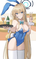  animal_ears bare_shoulders blonde_hair blue_archive blue_eyes blue_halo blue_leotard bottle breasts covered_navel cowboy_shot detached_collar fake_animal_ears fake_tail female halo highres holding holding_tray leotard long_hair looking_at_viewer medium_breasts official_alternate_costume playboy_bunny rabbit_ears ref_(pmxt4483) solo strapless strapless_leotard tail thighhighs toki_(blue_archive) toki_(bunny)_(blue_archive) tray v white_thighhighs wrist_cuffs 