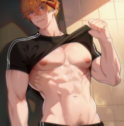  1boy abs bare_pectorals black_shirt blue_eyes chariko closed_mouth clothes_lift genshin_impact jewelry large_pectorals male_focus mask mask_on_head muscular muscular_male navel necklace nipples orange_hair pectorals red_mask shirt shirt_lift short_hair smile solo tartaglia_(genshin_impact) upper_body 