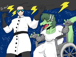  2023 4:3 anthro bald bandage baryonyx cavemanon_studios claws clothing coat cosplay costume digital_drawing_(artwork) digital_media_(artwork) dinosaur disability duo extinct eyewear female fingers frankenstein freckles gloves goggles green_body green_hair green_scales grey_eyes hair halloween handwear hi_res holidays human i_wani_hug_that_gator inco_(iwhtg) lab_coat light-skinned_male light_body light_skin long_tail mad_scientist male mammal olivia_halford open_mouth paraplegic prehistoric_species reptile scales scalie signature silentk06814104 simple_background sitting smile snout spinosaurid tail theropod tongue topwear vehicle wheelchair yellow_sclera 