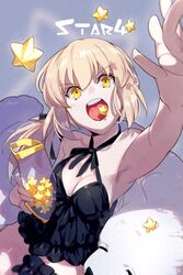  alternate_costume animal armpits artoria_pendragon_(fate) black_dress black_ribbon blonde_hair breasts canine cavall_the_2nd cleavage closed_mouth commentary_request dress eating echo_(circa) fate/grand_order fate_(series) female hair_between_eyes hair_ribbon long_hair medium_breasts open_mouth ponytail ribbon saber_alter samoyed_(dog) short_dress strapless strapless_dress teeth tongue upper_teeth_only white_dog yellow_eyes 