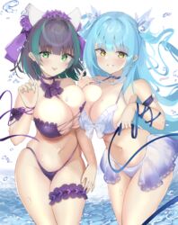  2girls absurdres alternate_costume asymmetrical_docking azur_lane bad_id bad_pixiv_id bikini breast_press breasts cheshire_(azur_lane) cheshire_(summery_date!)_(azur_lane) choker cleavage cowboy_shot hand_up highres kisahipi large_breasts looking_at_viewer multiple_girls neptune_(azur_lane) official_alternate_costume showgirl_skirt swimsuit thigh_strap water 