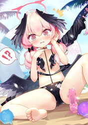  !? ^^^ barefoot bikini black_bikini black_wings blue_archive blush feet female flat_chest floral_print foot_out_of_frame halo haniwa_(statue) head_wings highres knee_up koharu_(blue_archive) koharu_(swimsuit)_(blue_archive) legs long_hair low_twintails official_alternate_costume open_mouth pink_eyes pink_hair pink_halo print_bikini soles solo swimsuit taku_michi toes twintails wings 