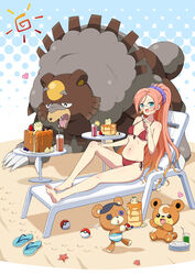  :d ^_^ absurdres animal_ears barefoot beach beach_chair bear bear_ears bear_tail bikini blue_background blue_eyes blueberry blush body_blush breasts butler button_eyes buttons cake chair claws cleavage closed_eyes collarbone commission crescent crescent_facial_mark crossover drinking_straw eating eggman_(pixiv28975023) facial_mark fangs female food food_on_face footprints fork front-tie_bikini_top front-tie_top fruit glasses groin hair_ornament hair_scrunchie heart high_ponytail highres holding holding_fork holding_plate honey honey_toast ice_cream kumapooh_(senran_kagura) lemon lemon_slice long_hair looking_at_viewer lounge_chair melting navel open_mouth orange_hair outdoors plate poke_ball poke_ball_(basic) pokemon pokemon_(creature) pokemon_gsc pokemon_legends:_arceus polka_dot polka_dot_background ponytail purple_scrunchie ranmaru_(senran_kagura) red_bikini sand sandals scrunchie seashell senran_kagura senran_kagura_new_wave shell shiny_skin side-tie_bikini_bottom sitting skeb_commission small_breasts smile soda solo starfish strawberry stuffed_animal stuffed_toy sun swimsuit table tail teddiursa teddy_bear two-tone_background underboob unworn_sandals ursaluna very_long_hair whipped_cream white_background 