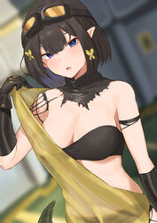  absurdres arknights bare_shoulders black_gloves blue_eyes blurry blurry_background breasts commentary dutch_angle eunectes_(arknights) eyewear_on_head female gloves highres looking_at_viewer pointy_ears solo tail torn_clothes upper_body user_urem3733 