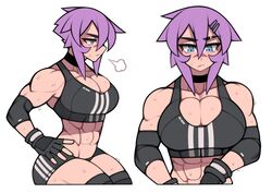  abs absurdres artist_name black_sports_bra blue_eyes breasts choker commentary crop_top english_commentary eyebrow_cut female fingerless_gloves gloves hair_between_eyes highres large_breasts maya_(roadi3) multiple_views muscular muscular_female original purple_hair roadi3 scar scar_on_arm short_hair shorts simple_background sports_bra striped striped_sports_bra sweat thighhighs vertical-striped_sports_bra watermark white_background 