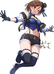  :d absurdres bad_id bad_pixiv_id bare_shoulders belt black_belt black_footwear black_gloves black_jacket black_shorts blue_bustier blue_jacket blue_shorts blush boots breasts brown_eyes brown_hair commentary crop_top cropped_jacket detached_collar female from_below full_body gibun_(sozoshu) gloves hat highres idolmaster idolmaster_cinderella_girls jacket jumping light_blush looking_at_viewer looking_down medium_breasts midriff mini_hat mini_top_hat mizuki_seira multicolored_clothes multicolored_jacket multicolored_shorts multiple_belts navel off_shoulder open_mouth outstretched_arms short_hair short_shorts shorts simple_background smile solo suspenders thigh_boots top_hat wallet_chain white_background white_jacket white_shorts 