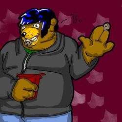  1:1 2006 4_fingers anthro bear black_nose blue_bottomwear blue_clothing blue_hair blue_pants bottomwear box brown_body brown_eyes brown_fur clothing container cookie dialogue eating english_text fingers food fur grey_sweatshirt hair holding_box holding_container holding_cookie holding_food holding_object leaf_background looking_at_viewer male mammal overweight overweight_male palms pants pink_background portrait red_box round_ears short_hair showing_teeth simple_background smile smiling_at_viewer snout solo sweatshirt teddybearlumpkins text three-quarter_portrait 