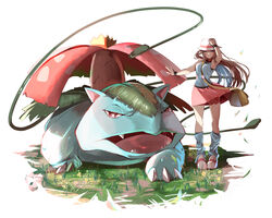  arm_up bag between_breasts black_wristband breasts brown_hair bucket_hat claws commentary_request female grass hat highres leaf_(pokemon) long_hair looking_at_viewer loose_socks momdy_(talesshinja) plant pleated_skirt pokemon pokemon_(creature) pokemon_frlg shirt shoes shoulder_bag sidelocks skirt sleeveless sleeveless_shirt socks standing strap_between_breasts venusaur vines vs_seeker white_footwear white_headwear wristband yellow_bag 