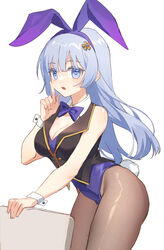  :o animal_ears black_vest blue_eyes blue_hair breasts commentary date_a_live fake_animal_ears fake_tail female highres izayoi_miku large_breasts leotard long_hair open_mouth playboy_bunny purple_ribbon rabbit_ears rabbit_tail ribbon solo tail thighs upper_body vest wavy_hair wrist_cuffs yunweishukuang 