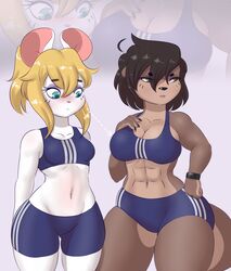  2023 abs anthro big_breasts blowup_background blush bra breast_envy breast_size_difference breasts clothing digitigrade duo female hi_res looking_at_breasts mammal marvin_(mr-shin) mouse mr-shin murid murine muscular muscular_anthro muscular_female mustelid otter rodent rule_63 shin_(mr-shin) simple_background small_breasts sports_bra sports_bra_difference_meme sportswear thick_thighs underwear wide_hips zoom_layer 