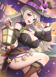  belt boots breasts brown_footwear building cleavage collar commentary corrin_(female)_(fire_emblem) corrin_(female)_(halloween)_(fire_emblem) corrin_(fire_emblem) detached_collar detached_sleeves dress earrings female fire_emblem fire_emblem_fates fire_emblem_heroes gonzarez grey_hair halloween halloween_costume hand_on_headwear hat highres holding holding_lantern jewelry knee_up lantern large_breasts long_hair looking_at_viewer nail_polish official_alternate_costume open_mouth pointy_ears purple_dress red_eyes ribbon solo star_(symbol) thighs twilight witch_hat 