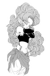  baggy_pants breasts cleavage clothes_pull crossed_arms curly_hair detached_sleeves dragon_ball dragon_ball_z earrings female fenyon floating_hair halftone_texture highres jewelry light_smile long_hair looking_at_viewer medium_breasts midriff monochrome navel pants pointy_ears shirt_pull solo unbuttoned undressing very_long_hair vest zangya 