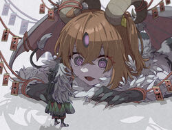  2_horns 3_eyes ashiya_douman_(fate) bodily_fluids bound claws dark_young_of_shub-niggurath demon duo eldritch_abomination fate_(series) female fur hair horn humanoid multi_eye ofuda open_mouth orange_hair ritsuka_fujimaru spiral_eyes talisman tears type-moon white_body white_fur wings wings_tied wrists_tied 