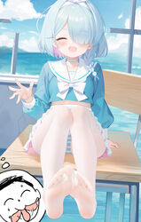  1boy ^_^ absurdres arona_(blue_archive) blue_archive blue_hair blush bow braid chair choker closed_eyes commentary_request desk doodle_sensei_(blue_archive) facing_viewer feet female foot_focus foot_worship foreshortening hair_over_one_eye highres legs_together licking licking_foot long_sleeves mako_(makoda) one_eye_covered open_mouth paid_reward_available panties pantyhose sailor_collar school_chair school_desk sensei_(blue_archive) short_hair single_braid sitting skirt smile soles striped_clothes striped_panties toes underwear waving white_bow white_choker white_pantyhose white_sailor_collar white_skirt 