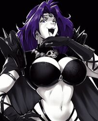  armor breasts cape cleavage female gem gloves hair_intakes large_breasts laughing long_hair midriff miss_faves naga_the_serpent navel ojou-sama_pose purple_hair revealing_clothes shoulder_armor slayers spiked_armor 