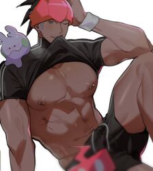  1boy abs bara barbell_piercing bare_pectorals black_hair black_shirt black_shorts blue_eyes chariko clothes_lift dark-skinned_male dark_skin dynamax_band goomy headband large_pectorals male_focus muscular muscular_male navel nipple_bar nipple_piercing nipples one_eye_closed orange_headband orange_headwear pectorals piercing pokemon pokemon_(creature) pokemon_swsh raihan_(pokemon) rotom rotom_phone shirt shirt_lift short_hair shorts sitting wristband 