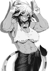  2023 abs absurd_res animal_humanoid biceps bovid bovid_humanoid bovine bovine_humanoid breasts cathyl_(monster_musume) cattle_humanoid clothing deltoids female hi_res horn humanoid mammal mammal_humanoid midriff monochrome monster_girl_(genre) monster_musume muscular muscular_female navel shirt solo speedl00ver tank_top topwear torn_clothing under_boob 