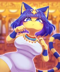  above absurd_res accessory animal_crossing animal_humanoid ankha_(animal_crossing) ankha_zone anthro big_breasts big_ears blue_body blue_eyes blue_fur blue_hair breasts cat_humanoid catears claws clothed clothing colored_nails domestic_cat dress egyptian eyelashes felid felid_humanoid feline feline_humanoid felis female fur glistening glistening_eyes gold_(metal) gold_jewelry hair headgear headwear hi_res humanoid jewelry long_eyelashes long_nails long_tail looking_at_viewer looking_down low-angle_view lunarunah mammal mammal_humanoid markings mouth_closed nails necklace nintendo short_dress shorthair solo striped_body striped_fur striped_markings striped_tail stripes tail tail_markings thick_thighs tight_clothing tight_dress tight_fit white_clothing white_dress yellow_body yellow_fur 